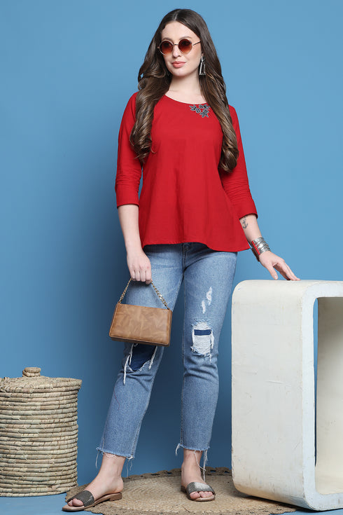Red Pure Cotton Patch Work Embroidered Short Top