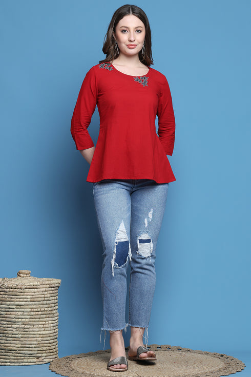Red Pure Cotton Patch Work Embroidered Short Top