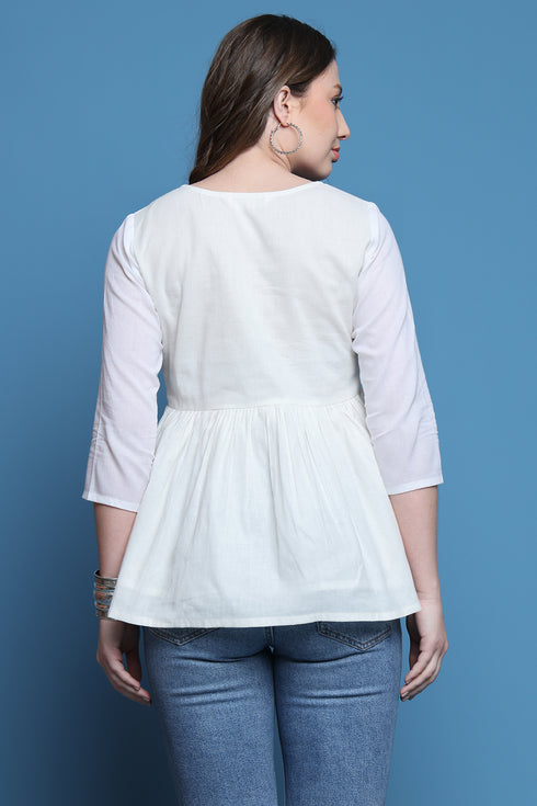 White Pure Cotton Patch Work Embroidered Short Top