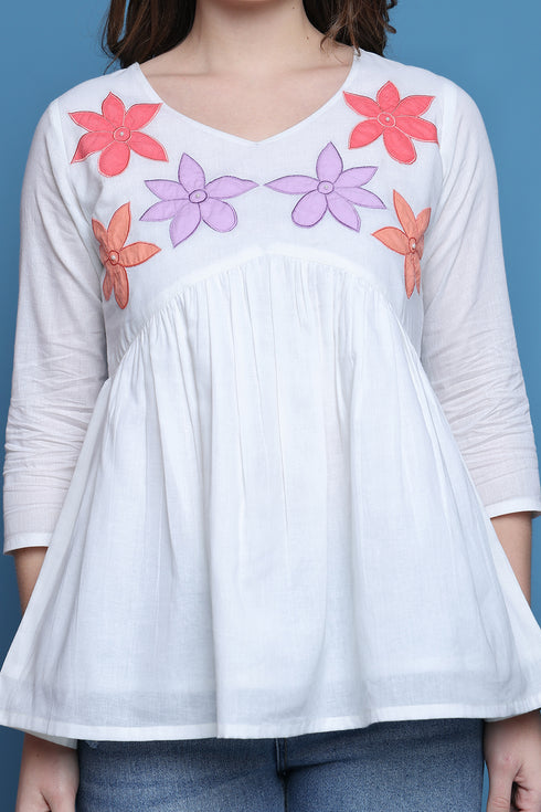 White Pure Cotton Patch Work Embroidered Short Top