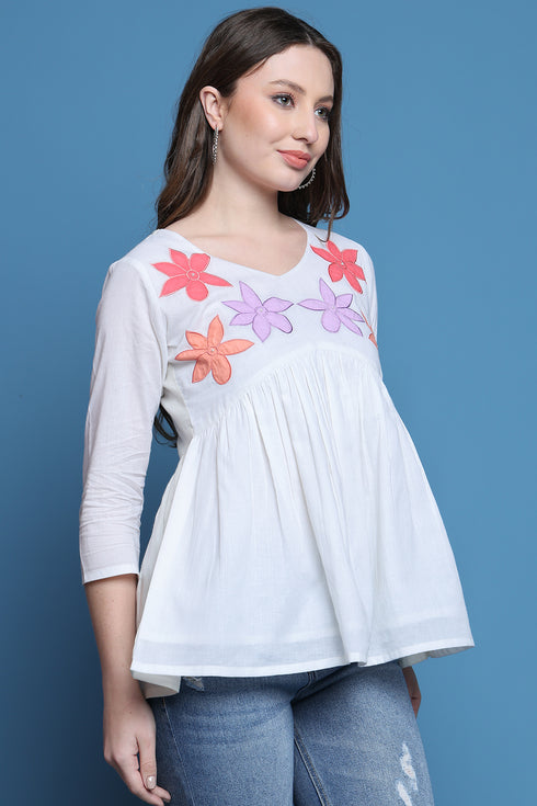 White Pure Cotton Patch Work Embroidered Short Top