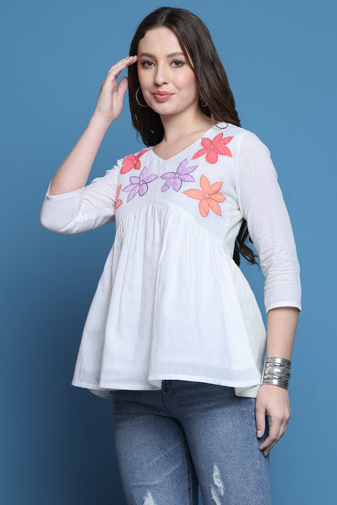 White Pure Cotton Patch Work Embroidered Short Top