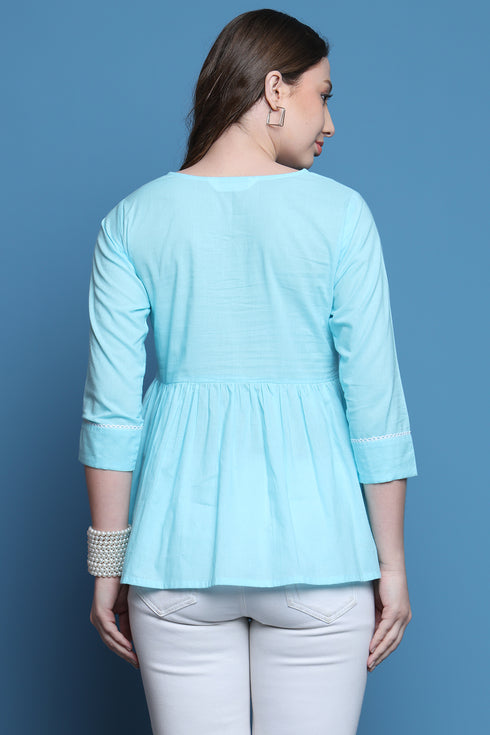 Sky Blue Pure Cotton Patch Work Embroidered Short Top