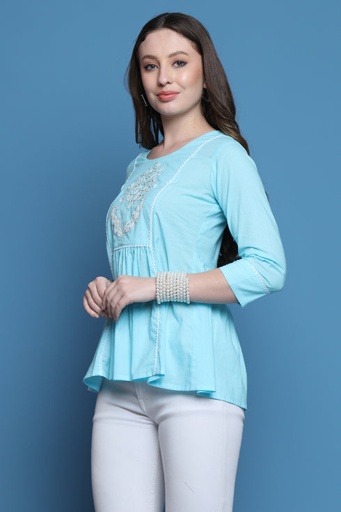 Sky Blue Pure Cotton Patch Work Embroidered Short Top