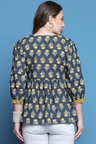 Grey & Yellow Pure Cotton Jaipuri Printed Short Top