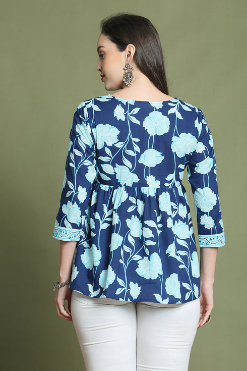 Blue Pure Cotton Jaipuri Printed Short Top