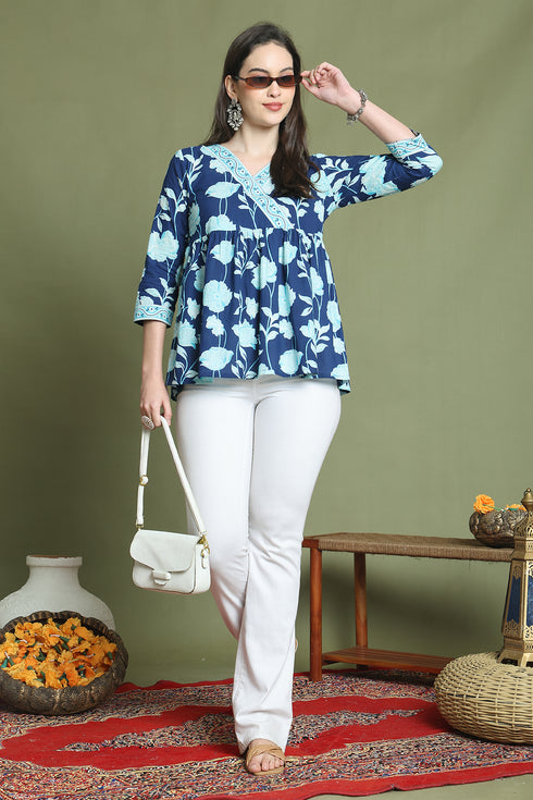 Blue Pure Cotton Jaipuri Printed Short Top