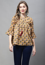 Load image into Gallery viewer, Mustard Yellow Pure cotton Jaipuri Printed Short Top
