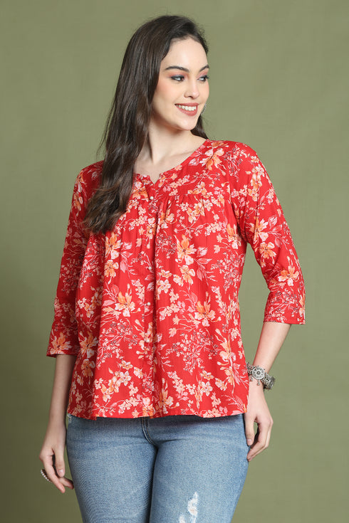 Red Pure Cotton Jaipuri Printed Short Top