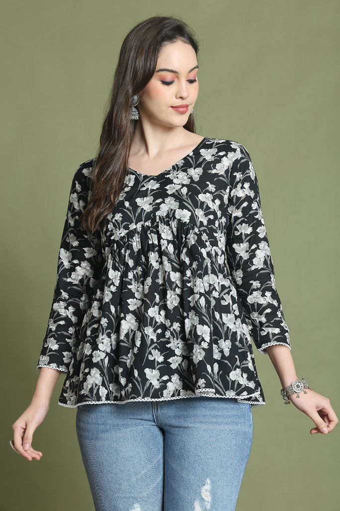 Black Pure Cotton Jaipuri Printed Short Top