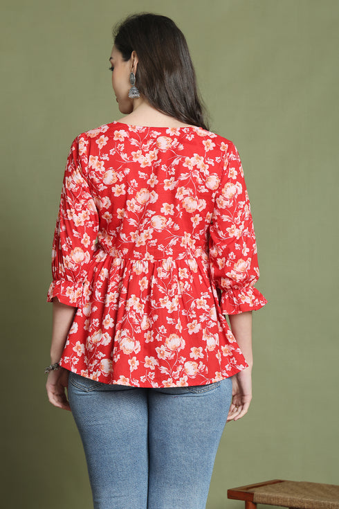 Red Pure Cotton Jaipuri Printed Short Top