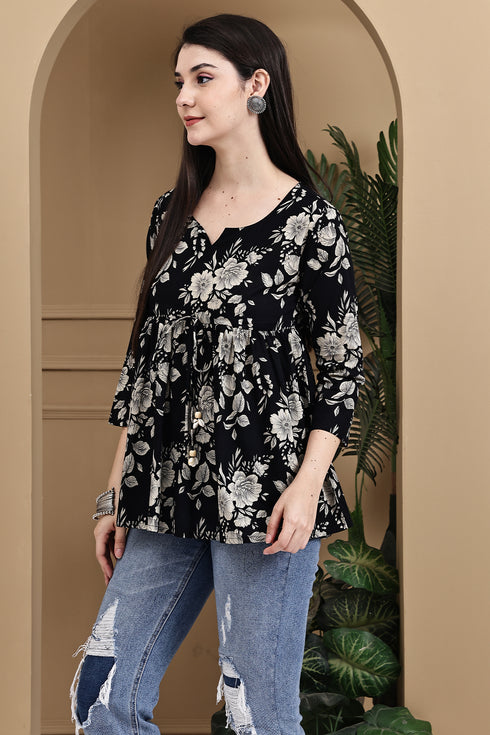 Noir Petal Ensemble Cotton Jaipuri Printed Short Top