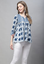 Load image into Gallery viewer, Navy Blue Pure cotton Jaipuri Printed Short Top
