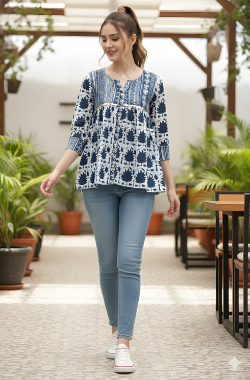 Navy Blue Pure cotton Jaipuri Printed Short Top