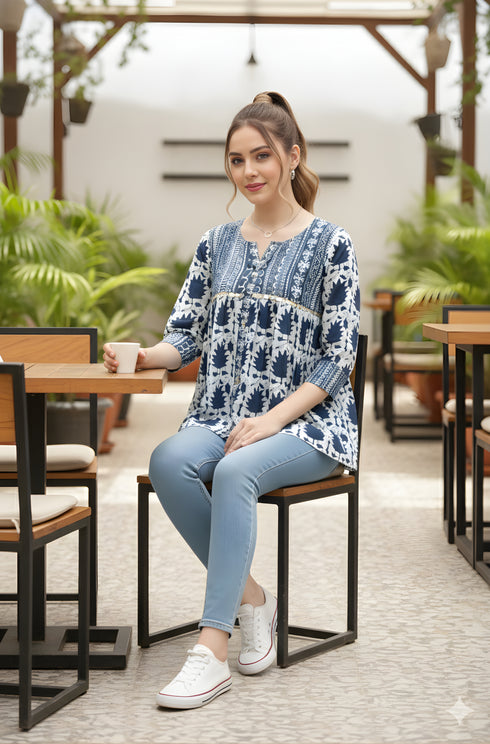 Navy Blue Pure cotton Jaipuri Printed Short Top