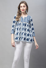 Load image into Gallery viewer, Navy Blue Pure cotton Jaipuri Printed Short Top
