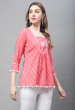Load image into Gallery viewer, Peach Pure cotton Bandhej Print Short Top