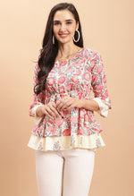 Load image into Gallery viewer, Cream Pure cotton Jaipuri Printed Short Top