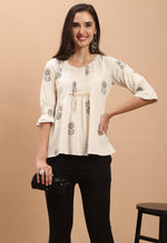 Load image into Gallery viewer, Off White Pure cotton Jaipuri Printed Short Top
