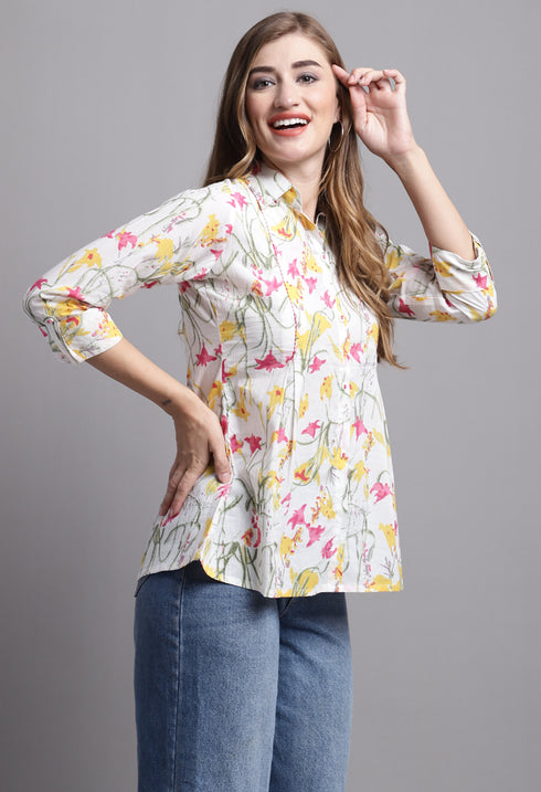 Off White Pure cotton Jaipuri Printed Short Top