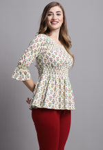 Load image into Gallery viewer, Cream Pure cotton Jaipuri Printed Short Top
