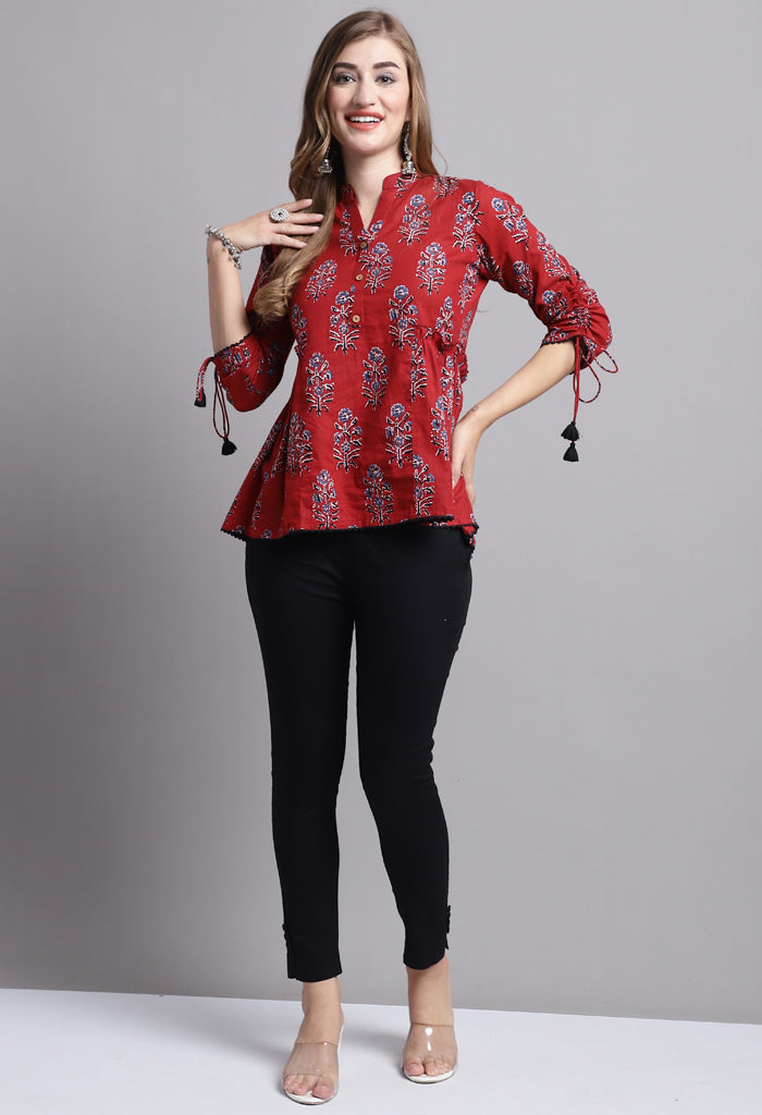 Maroon Pure cotton Jaipuri Printed Short Top