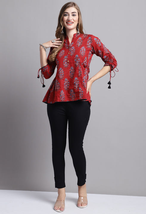 Maroon Pure cotton Jaipuri Printed Short Top