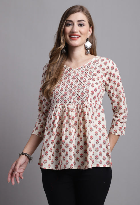 Beige Pure cotton Jaipuri Printed Short Top