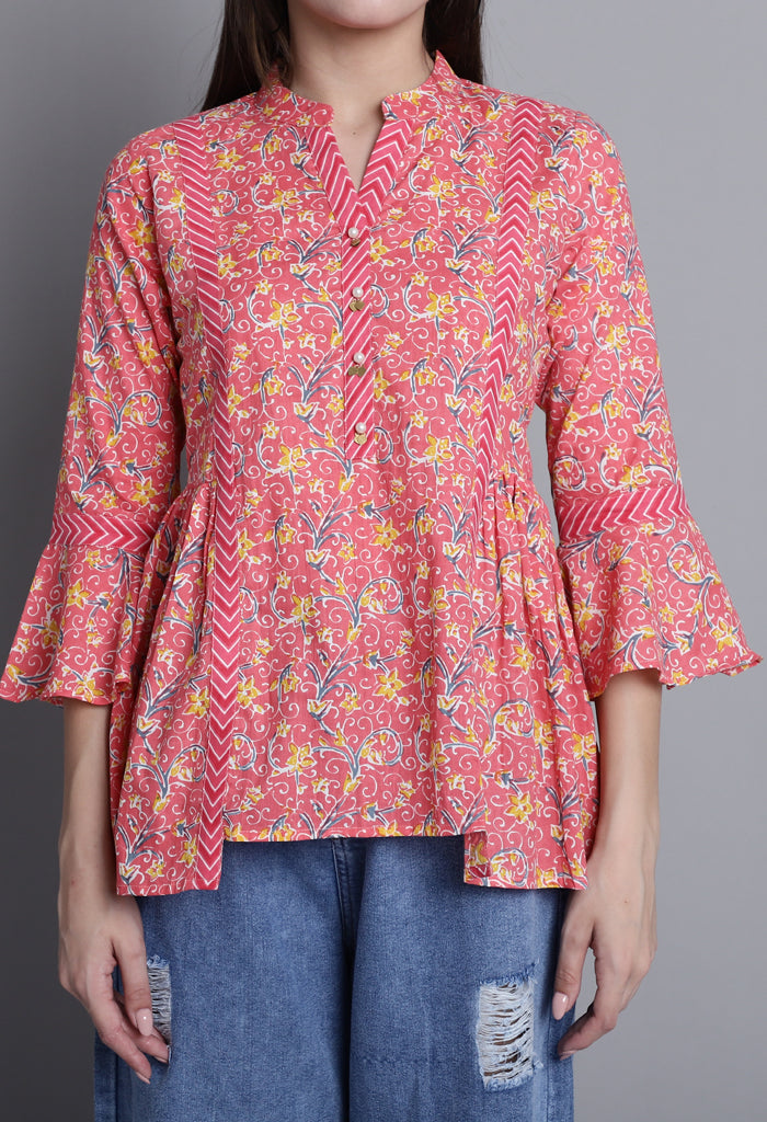 Peach Pure cotton Jaipuri Printed Short Top