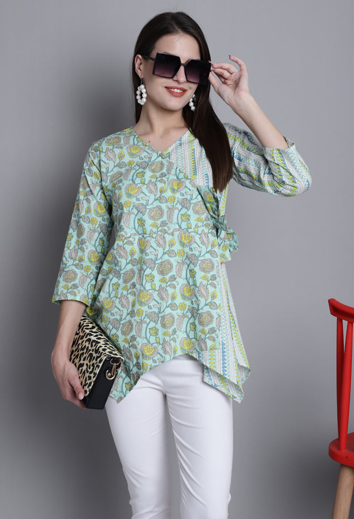 Sea Green Pure cotton Jaipuri Printed Short Top