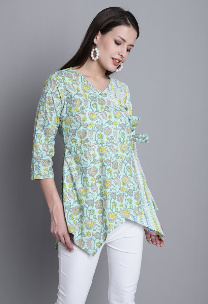 Sea Green Pure cotton Jaipuri Printed Short Top