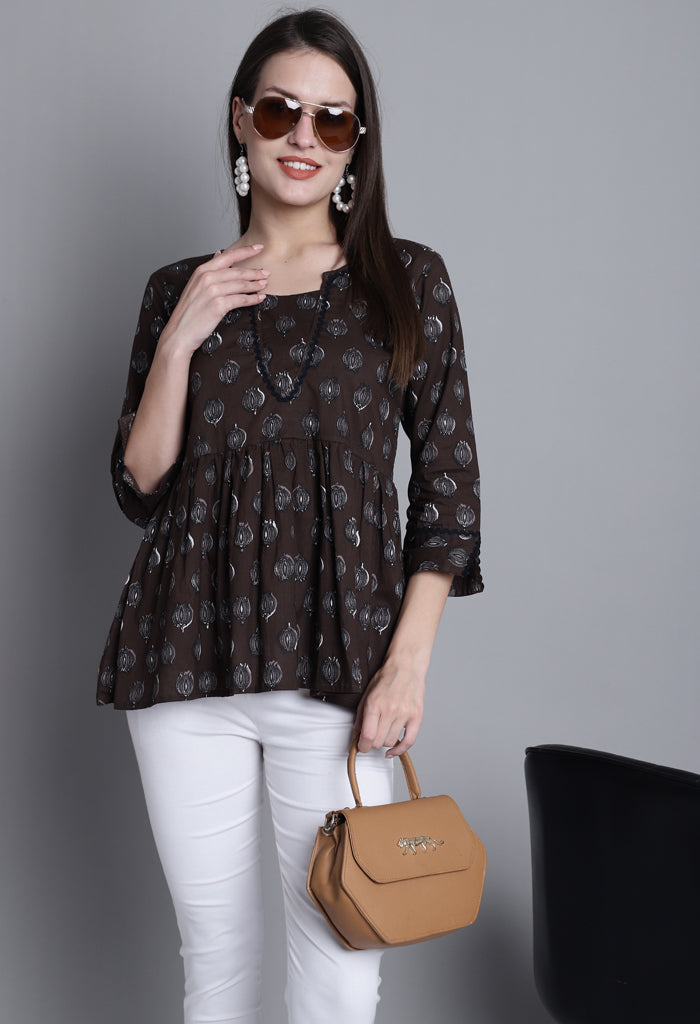 Dark Brown Pure cotton Jaipuri Printed Short Top