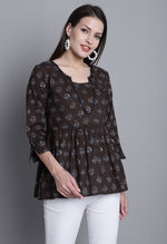 Load image into Gallery viewer, Dark Brown Pure cotton Jaipuri Printed Short Top