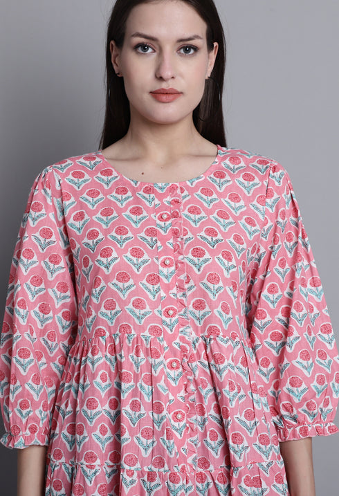 Peach Pure cotton Jaipuri Printed Short Top