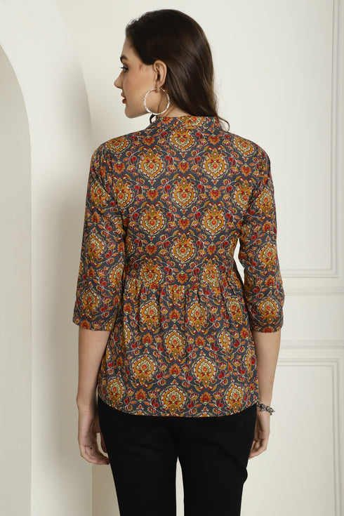 Grey & Mustard Pure Cotton Jaipuri Ajrak Printed Short Top
