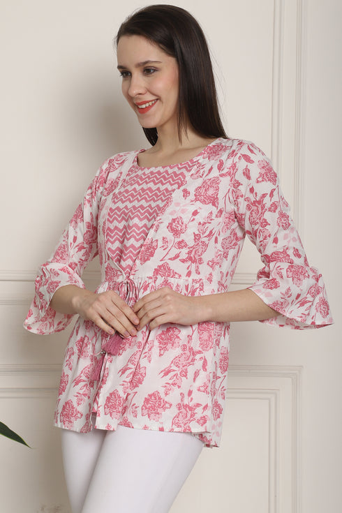 Light Pink & White Pure Cotton Jaipuri Printed Short Top
