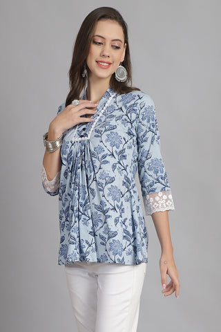 Sky Blue Pure Cotton Floral Printed Short Top