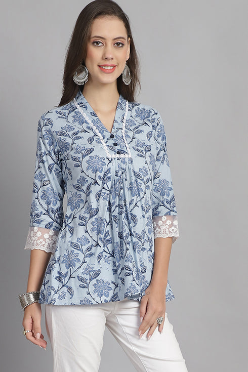 Sky Blue Pure Cotton Floral Printed Short Top
