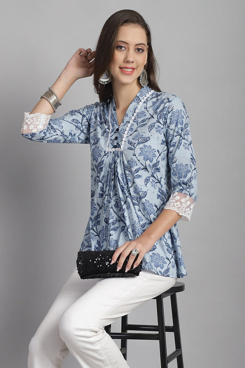 Sky Blue Pure Cotton Floral Printed Short Top