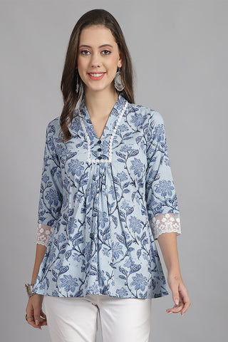 Sky Blue Pure Cotton Floral Printed Short Top