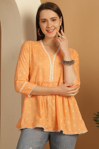 Light Orange Pure Cotton Jaipuri Printed Short Top