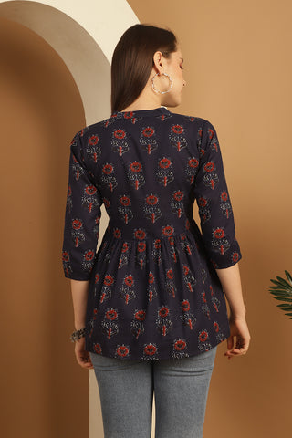 Navy Blue Pure Cotton Floral Printed Short Top