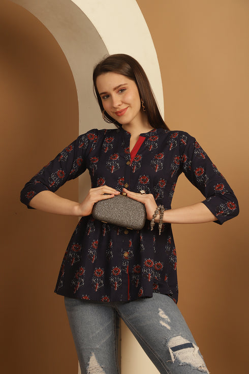 Navy Blue Pure Cotton Floral Printed Short Top