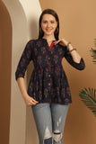 Navy Blue Pure Cotton Floral Printed Short Top