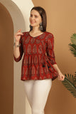 Brown Pure Cotton Block Printed Short Top