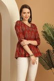 Brown Pure Cotton Block Printed Short Top