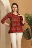 Brown Pure Cotton Block Printed Short Top