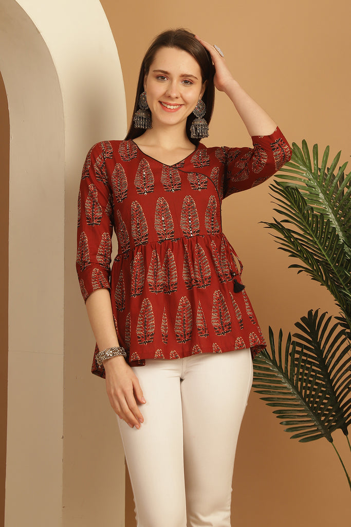 Brown Pure Cotton Block Printed Short Top