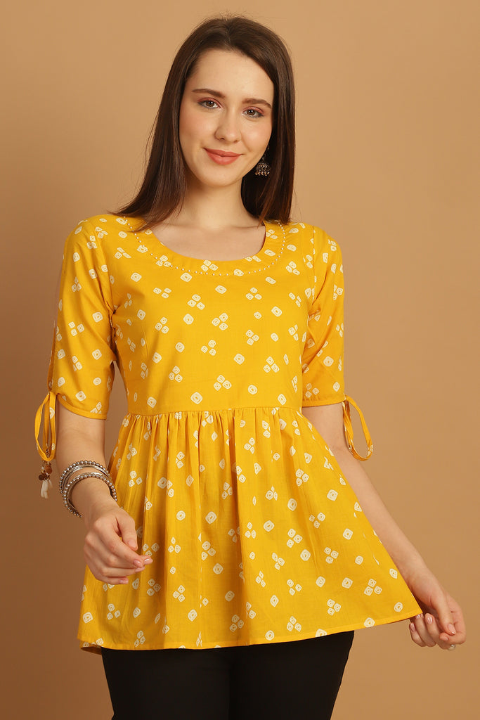 Mustard Pure Cotton Bandhani Printed Short Top