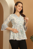 White & Sky Blue Pure Cotton Floral Printed Short Top